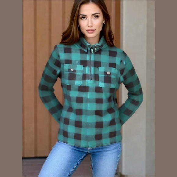 Chaps Women’s Green/Black Buffalo Plaid Fleece Quarter Zip-up. Size: Medium. - Picture 16 of 16